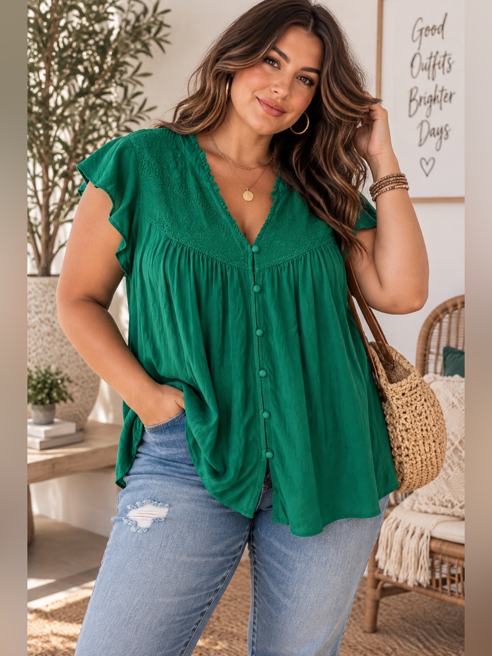 Torrid Emerald Green Embroidered Boho Peasant Button Front Plus Size Top 3